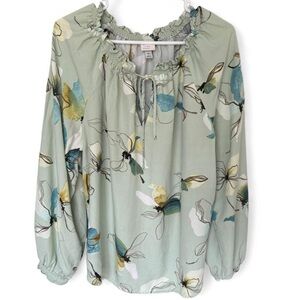 A New Day light sage green floral blouse with tie neck and long puff sleeves